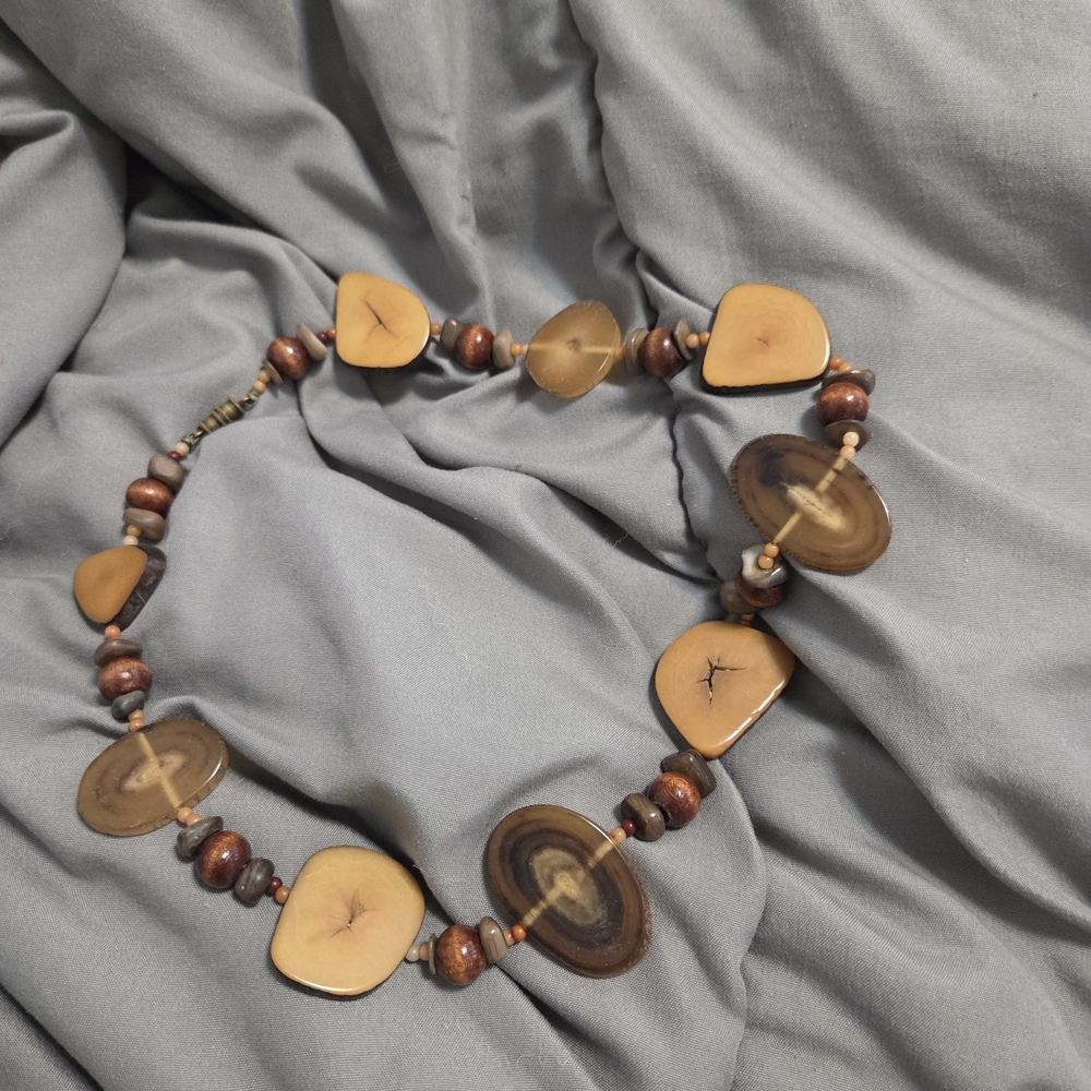 Natural Tagua Wood And Seashell Beaded Necklace
